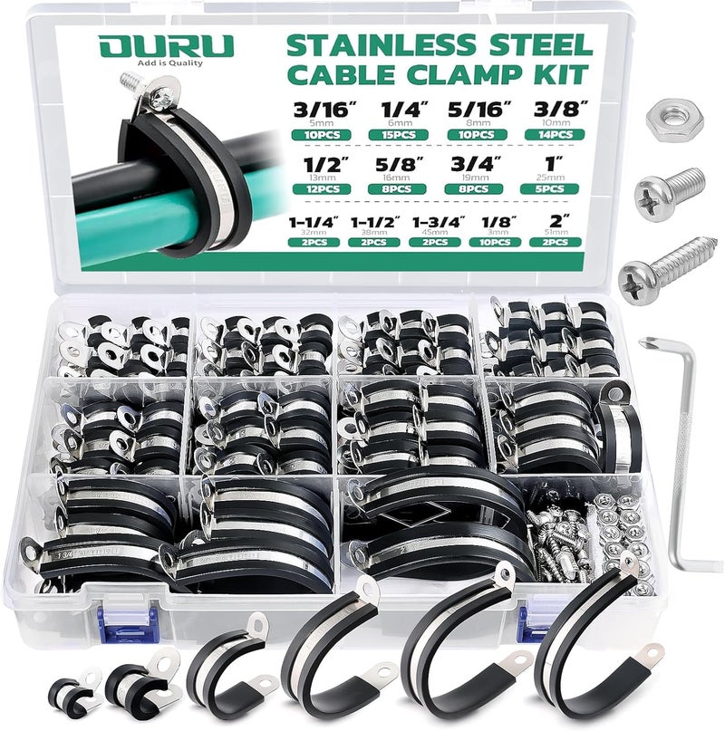ORU 280PCS Cable Clamps with Screws Assortment Kit 304 Stainless Steel Rubber Cushioned Insulated Wire Pipe Clamps 13 Sizes—1/8" 3/16" 1/4" 5/16" 3/8" 1/2" 5/8" 3/4" 1" 1-1/4" 1-1/2" 1-3/4" 2” - Image 1